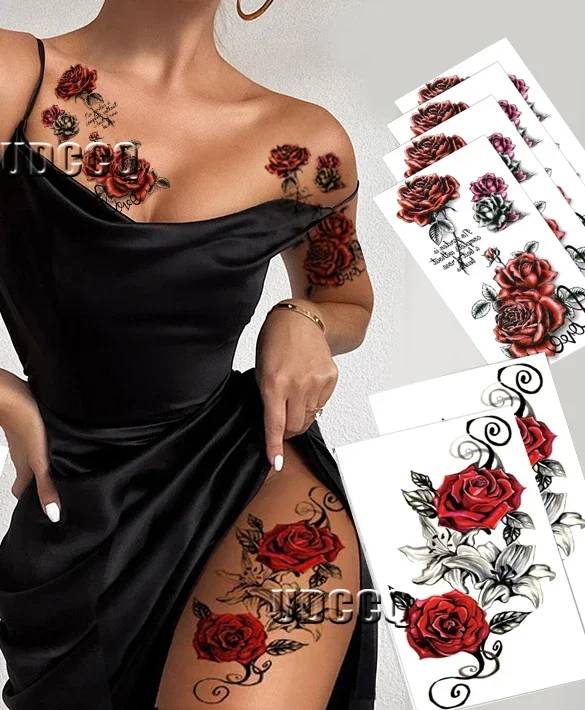 6 Stück rote temporäre Rosen-Blumen-Arm- und Bein-Tattoo-Aufkleber, sexy Stripper-Brust- und Oberschenkel-Design, wasserdicht, perfekt für Frauen