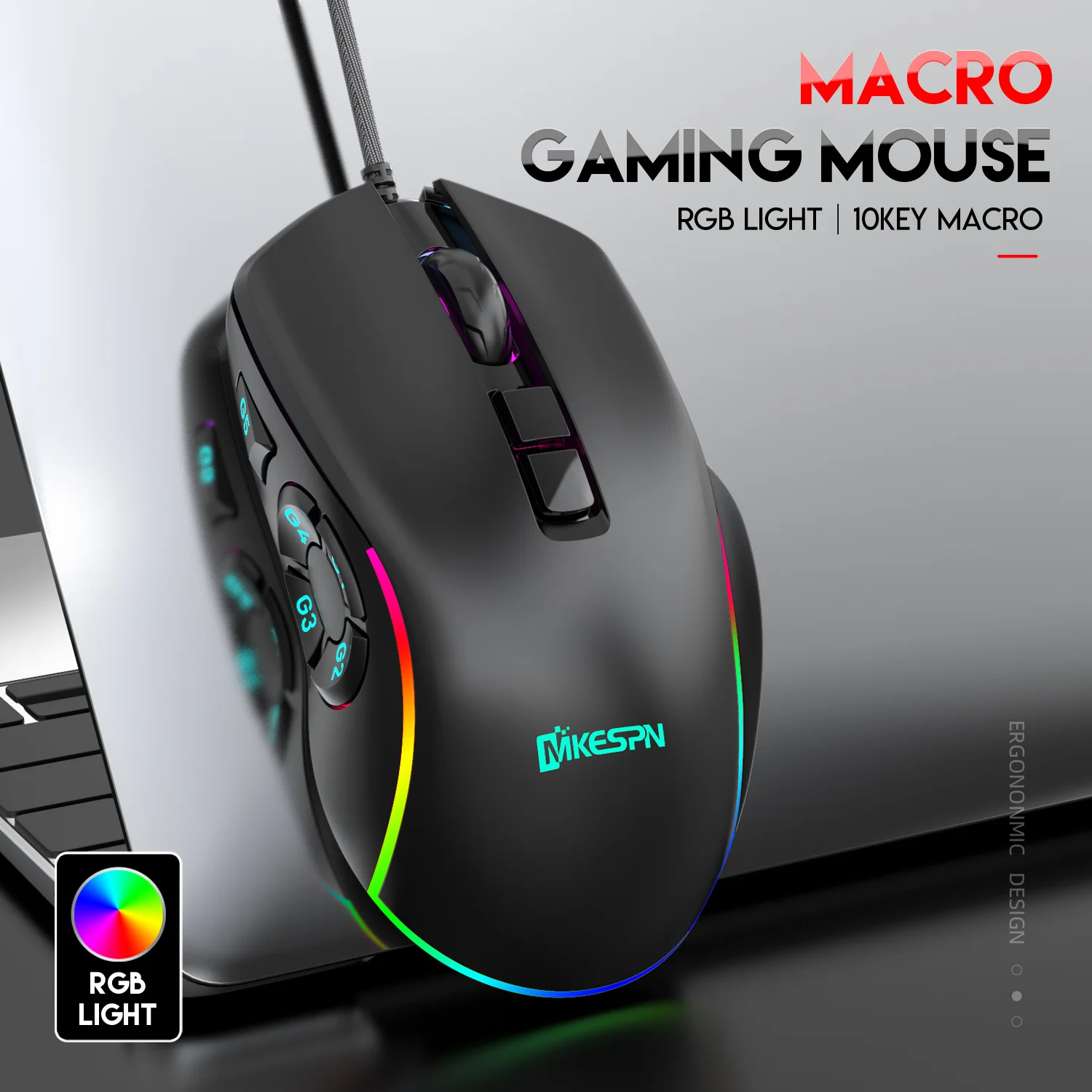 Kabelgebundene Gaming-Maus mit RGB-Hintergrundbeleuchtung, 7200 DPI einstellbar, Maus mit 10 programmierbaren Makrotasten, X9-Gaming-Maus Image