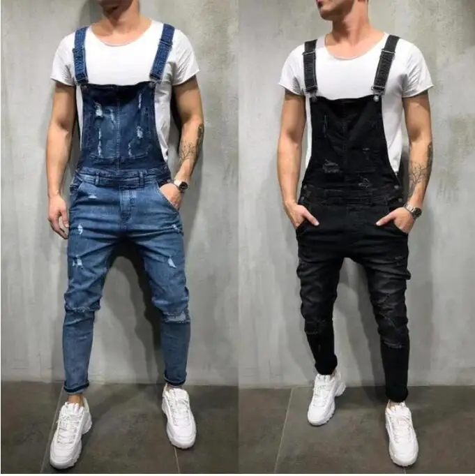 Männer Jeans Overalls High Street Ripped Denim Overalls Hip Hop Einteilige Cargo Hosen Cowboy Männlichen Taschen Loch Hosenträger 2024