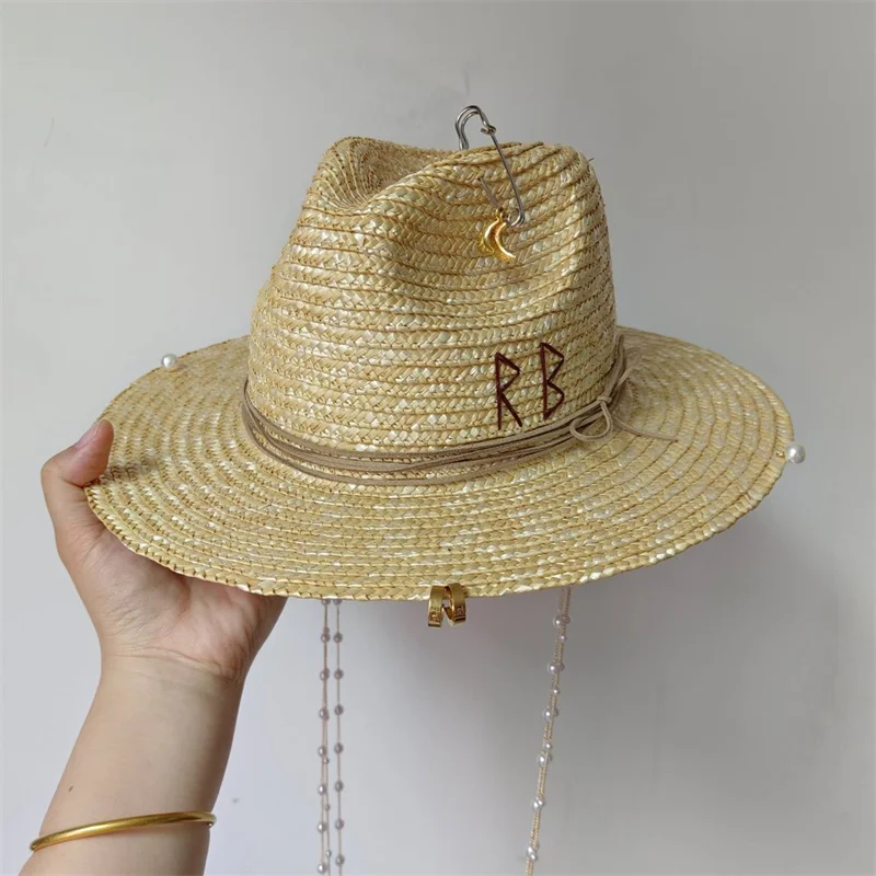 Punk Kette Strohhut Perle Kette DIY Jazz kappe Sonnenhut Neue Koreanische Brief Hut Strand Hut männer und Frauen punk Hut Candy Farbe Sonne Image