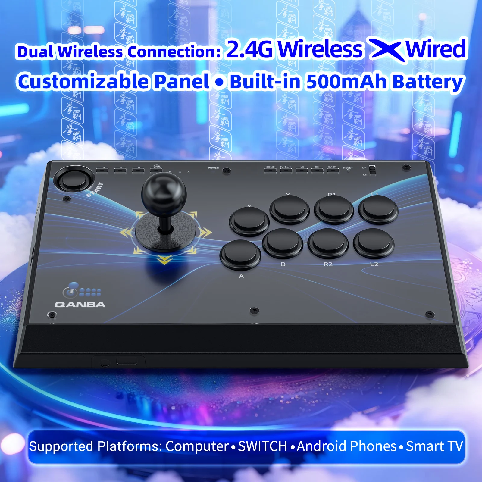 QANBA Q1-WL Arcade-Game-Joystick 2.4G Wireless Dual-Mode-Verbindung Arcade-Kampfstick für PC/Switch/Android/TV Image