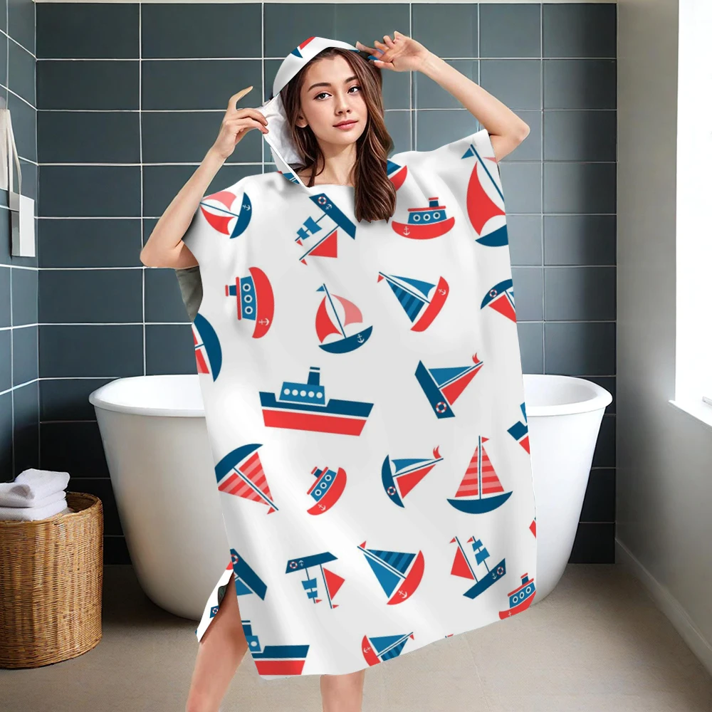 Bademantel mit Boot-Print und Kapuze, weicher Mikrofaser-Bademantel, schnell trocknend, Strandtuch-Bademantel für Erwachsene und Kinder Image