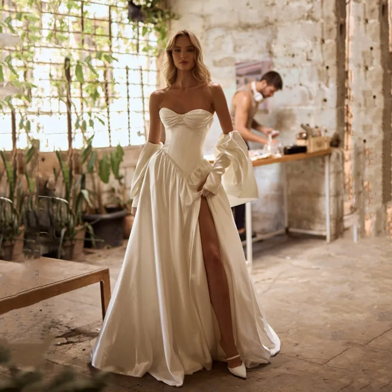 Einfache Fleck A-Line Ärmelloses Brautkleid Sexy Schatz Hals Sexy Seite Schlitz Backless Bodenlangen Kleider Vestido Angepasst Image