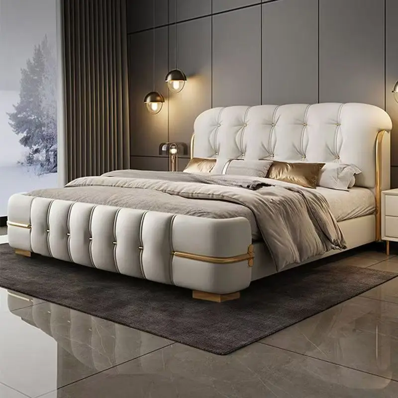# Modernes italienisches Luxus-Schlafzimmer-Set, Kingsize-Bett mit großem Kopfteil, Oberseite aus echtem Leder, weiches Bett mit Stauraum