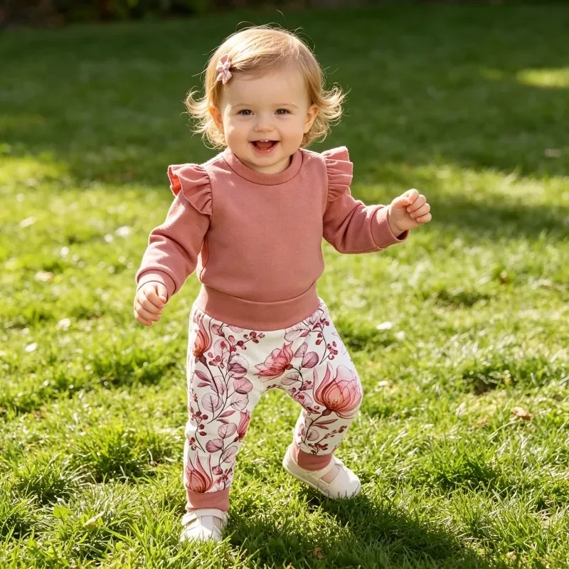 Frühling Herbst Baby Mädchen 2-teiliges Set Einfarbiges Oberteil mit Flügelärmeln + Blumenhose Baby Mädchen Ausgehkleidung Image