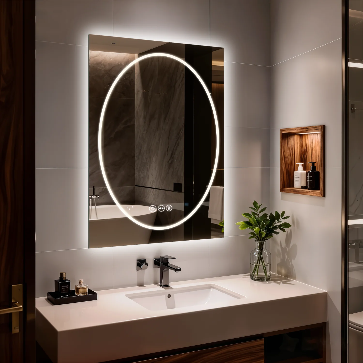 70/80/90CM Doppel-LED-Beleuchteter Badezimmerspiegel Quadratisch-Rund Gehärtetes Glas Vorder- und Rückbeleuchteter Antibeschlag-Schminkspiegel