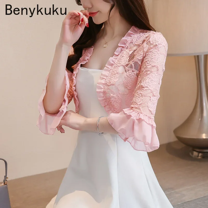 Süße Rosa Spitze Bolero Shrugs für Party Kleid Sommer Frauen Kleidung Flare Hülse Elegante Strickjacke Top Schals Grundlegende Mantel Jacken