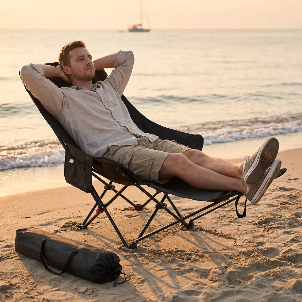 300-Pfund robuster, faltbarer Strandstuhl mit verstellbarer Höhe und gekreuzter Rückenlehne – tragbarer Outdoor-Stuhl für Camping, Angeln