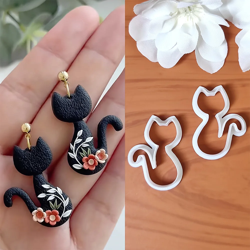 2 Stück elegante Katzen- und Blumen-Formen aus Ton, Kätzchen-Formen aus Polymer-Ton für Sommer-/Abschluss-Ohrringe, Werkzeuge für weiche Keramik