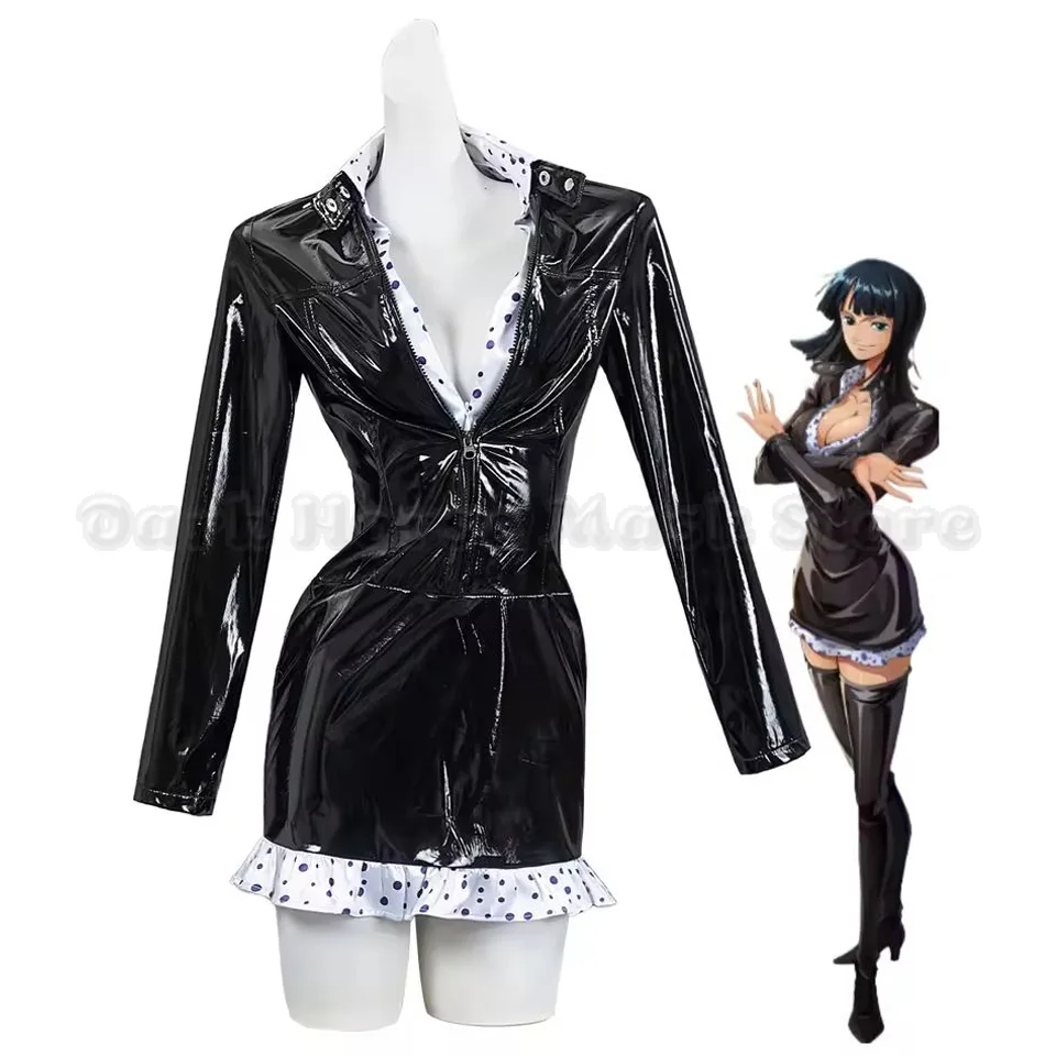 Anime Nico Robin Miss All Sunday Cosplay Kostüm Schwarzes PU Enganliegendes Kleid Erwachsene Frauen Sexy Karneval Halloween Karnevalsanzug