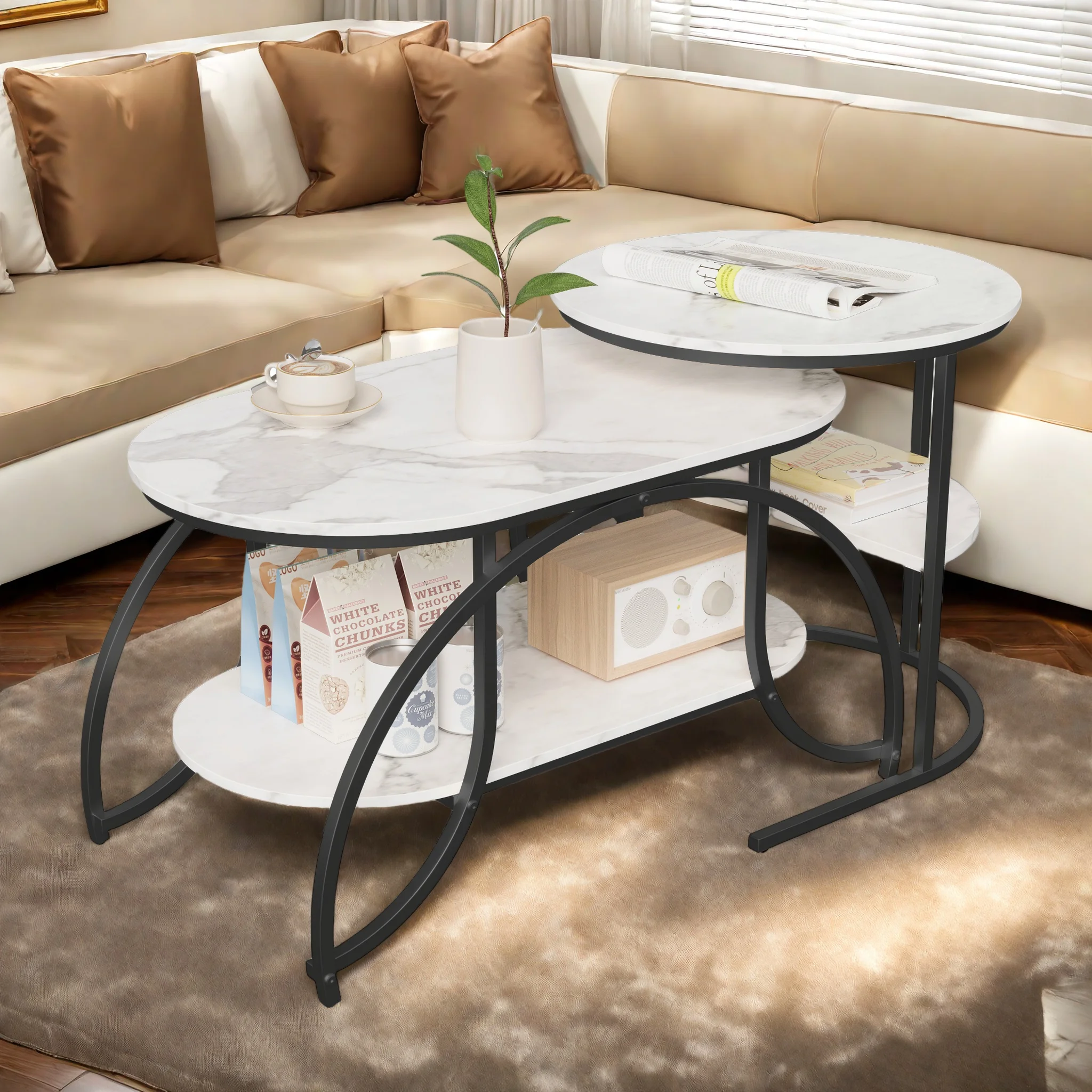 Comanlai Couchtisch, Beistelltisch, Sofatisch mit Metallgestell und Silberfuß, Zweischichtig, Marmoroptik, Holz