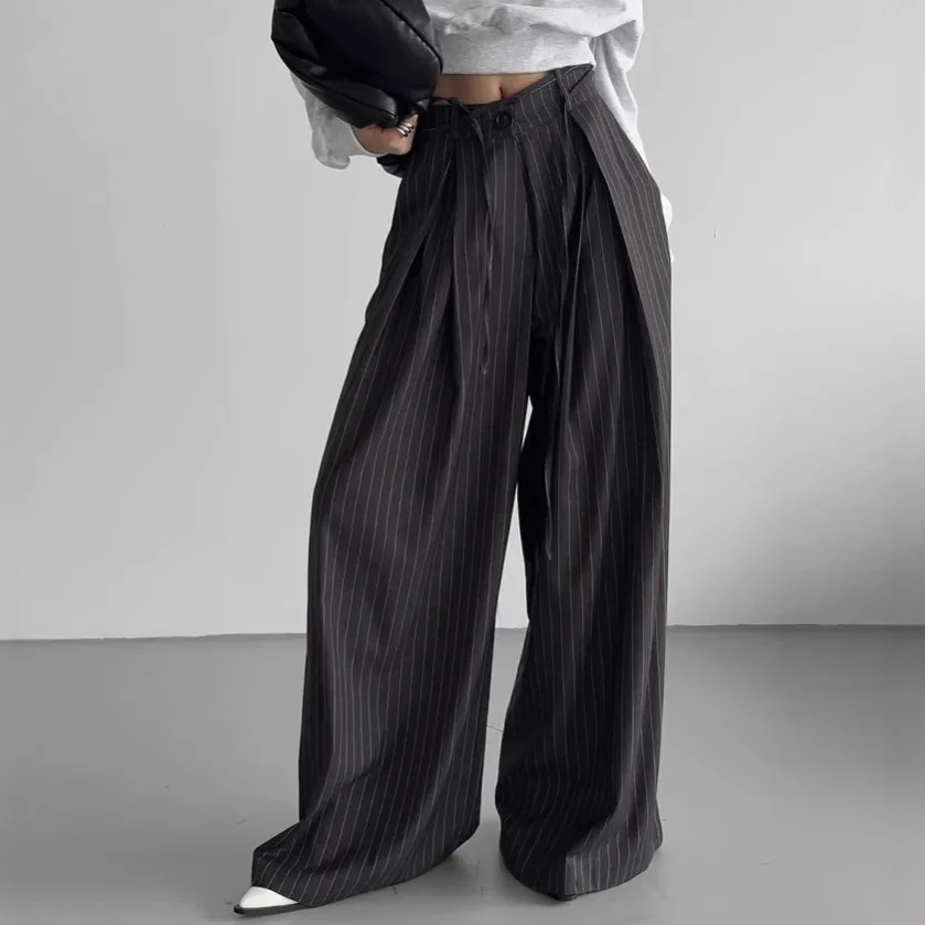 Elegante High-Waist-Hose mit weitem Bein und Streifenmuster – Lässige, fließende und schlankmachende Herbst-Neuheit im Pendler-Stil für Damen Image