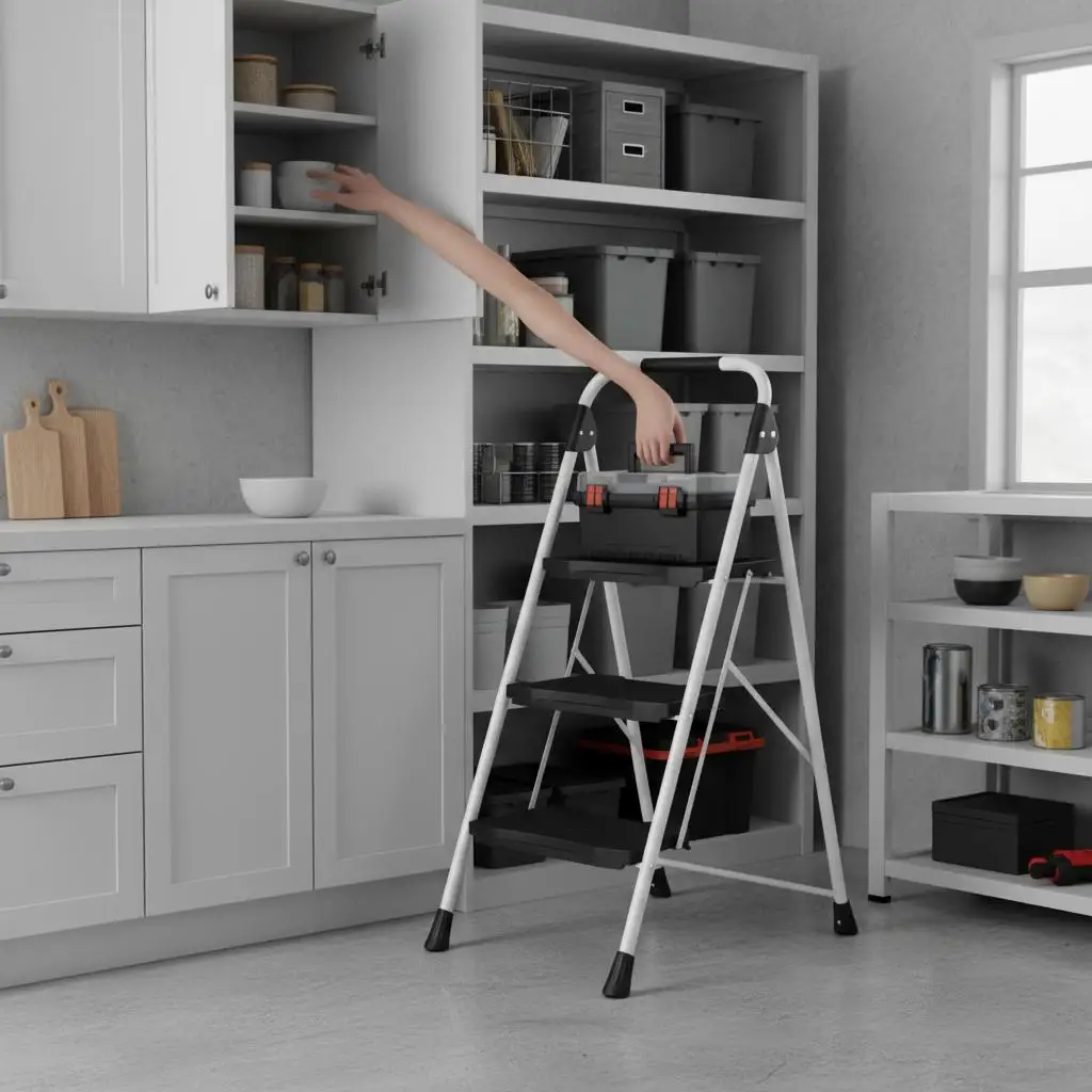 Scala Pieghevole a 3 Gradini, Capacità di Carico 360KG, Sgabello con Gradini in Acciaio al Carbonio Resistente con Blocco Stabile, Scala per Interni ed Esterni