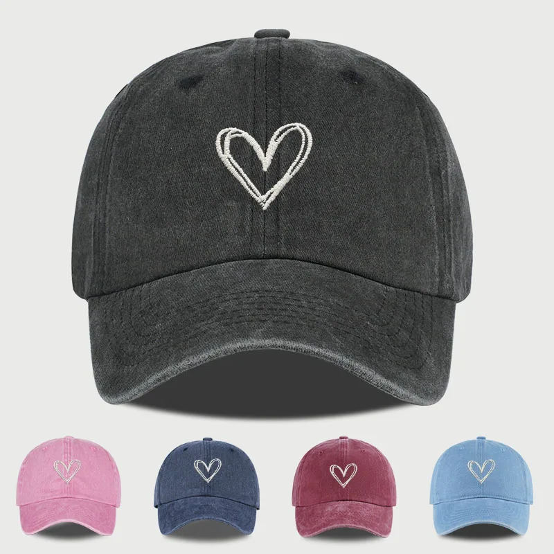 Y2K-Style Baseballkappe mit Herz-Stickerei | Vintage Washed Distressed Dad Cap | Atmungsaktiver, verstellbarer Sonnenhut | Alltagsstil C Image