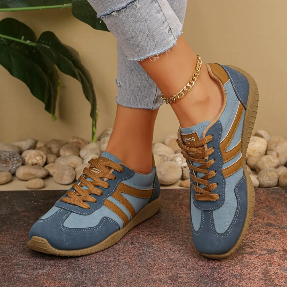 Trendige Damen-Sneaker in Unifarben mit Rutschfester Sohle, Modische Streifen-Design, Runde Zehenkappe, Schnürung, Sportliche Freizeitschuhe für Draußen Image