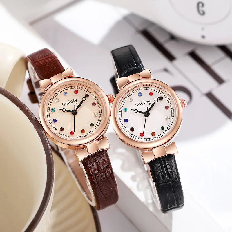 Modische siebenfarbige Wasserdiamant-Quarzuhr für Damen, eine Nischen- und High-End-Armbanduhr mit Lederarmband für Damen Image