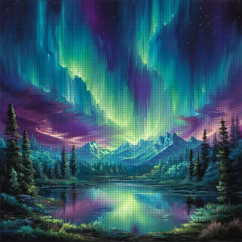 1 Stück 36 x 36 cm, 11CT Kreuzstich-DIY-Set mit Druckmuster, Northern Lights Lake, entspannendes Kreuzstich-Set für Erwachsene und Anfänger Image