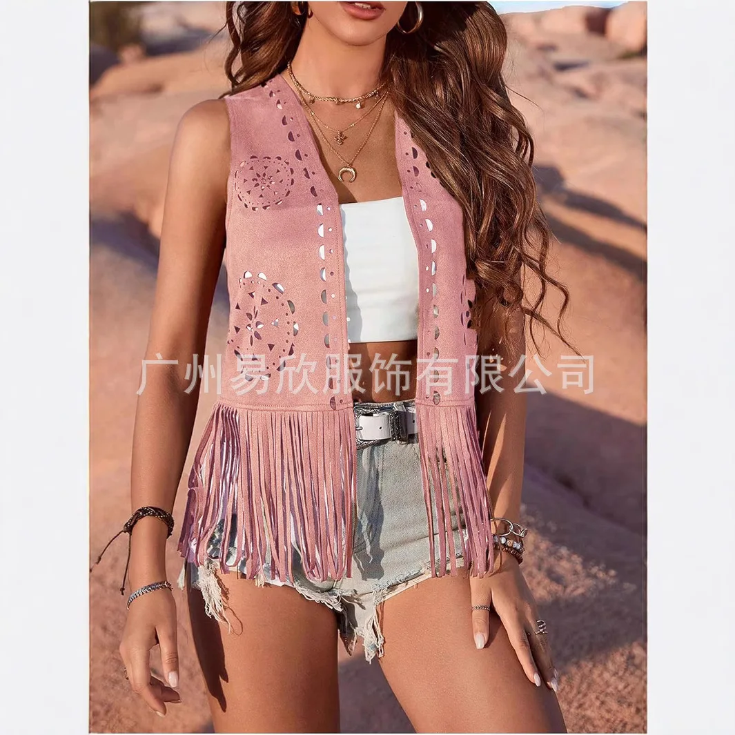 Western-Fransenweste für Damen – Vintage-Weste aus Wildlederimitat mit Quastenbesatz, ärmellose Boho-Hippie-Jacke mit offener Vorderseite