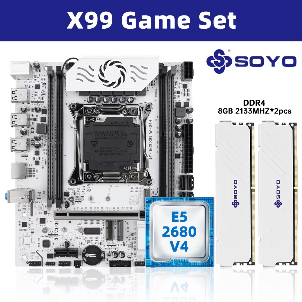SOYO X99 – ensemble de carte mère de jeu avec E5-2680 V4 + double canal DDR4 8GB * 2, RAM blanche M.2 NVME PCIE3.0 SATA pour ordinateur de bureau