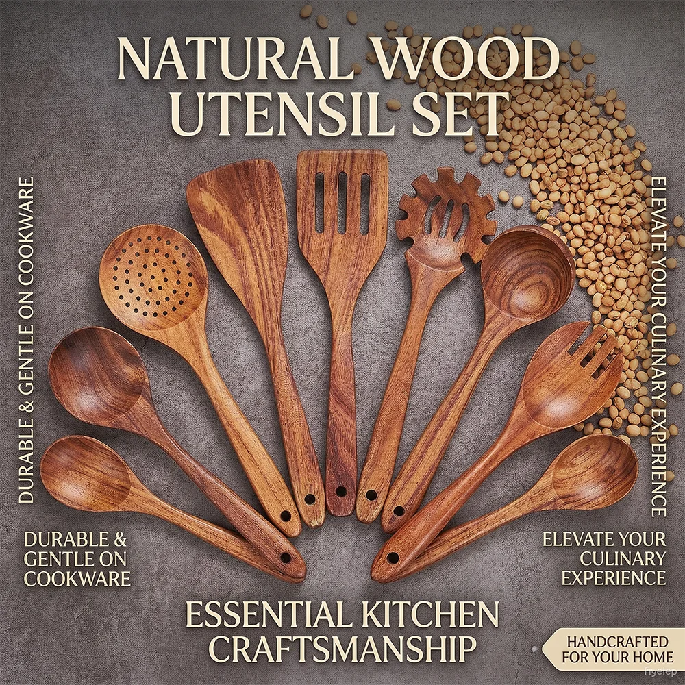 Cuillères en bois pour la cuisine, ustensiles en bois pour la cuisine avec support, ensemble d'ustensiles de cuisine en teck