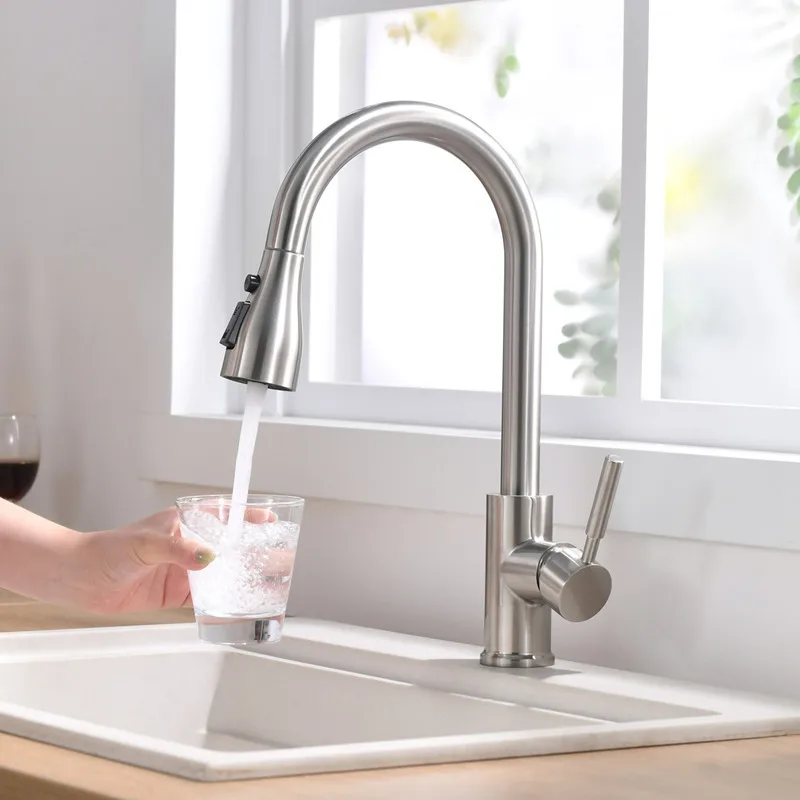 Robinet de cuisine en Nickel brossé, Surface de couleur, robinet d'eau chaude et froide, robinet d'évier de cuisine, robinet de cuisine extractible à trou unique