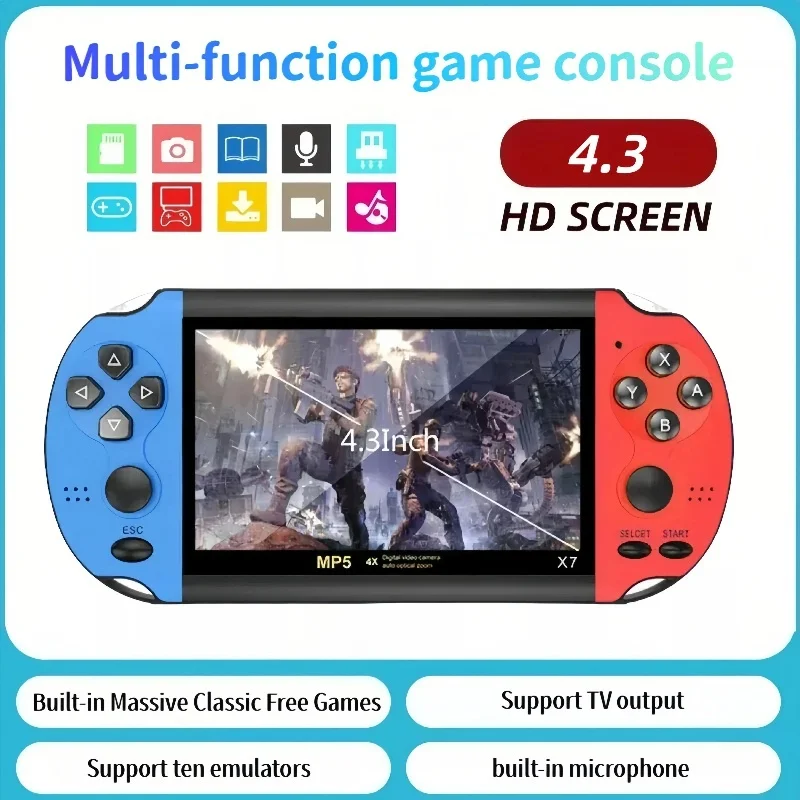 Console de jeu portable rétro X7, écran HD de 4,3 pouces, double joystick, appareil de jeu vidéo PSP MP5 avec 8 Go intégrés, 10 000 jeux classiques