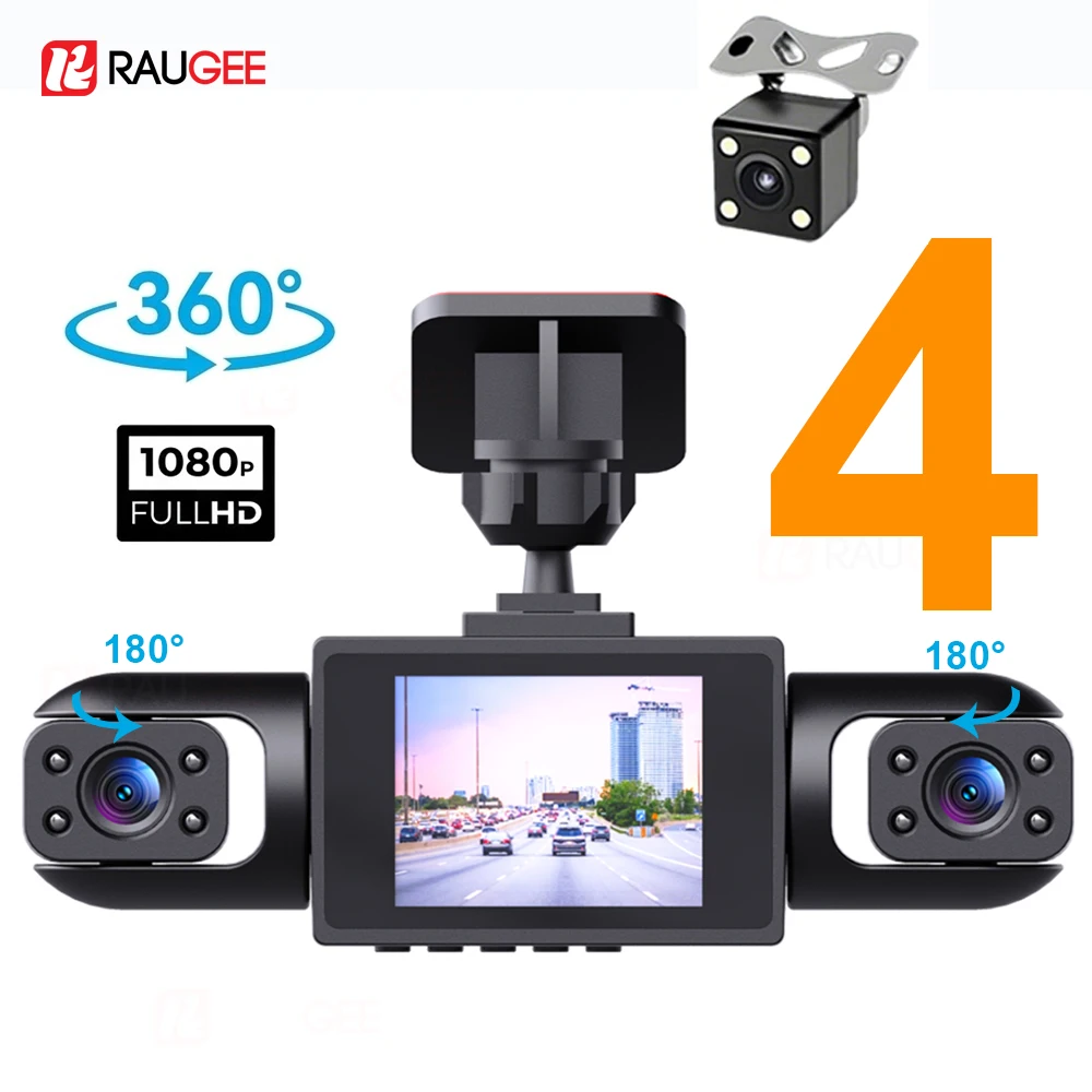 Caméra embarquée 360 ° Caméra de voiture avec enregistrement vidéo 24h/24, caméra avant et intérieure pour voiture, vision nocturne 1080P, enregistrement en boucle, caméra embarquée 4 canaux