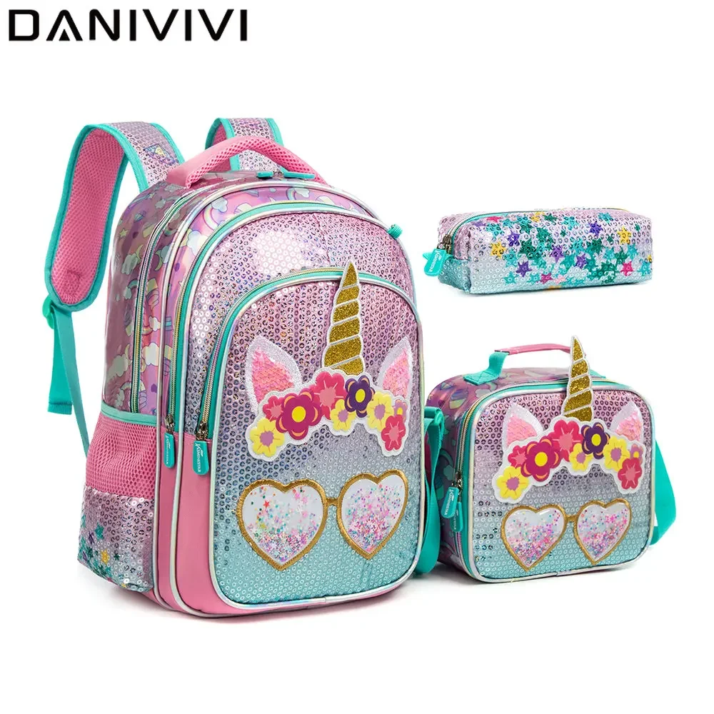 Sac à dos Licorne pour Filles 16 pouces, Sac à dos à Paillettes, Sacs d'école pour Filles, Mochilas Colegio Infantil avec Ensemble Boîte à Lunch, Sacs d'école