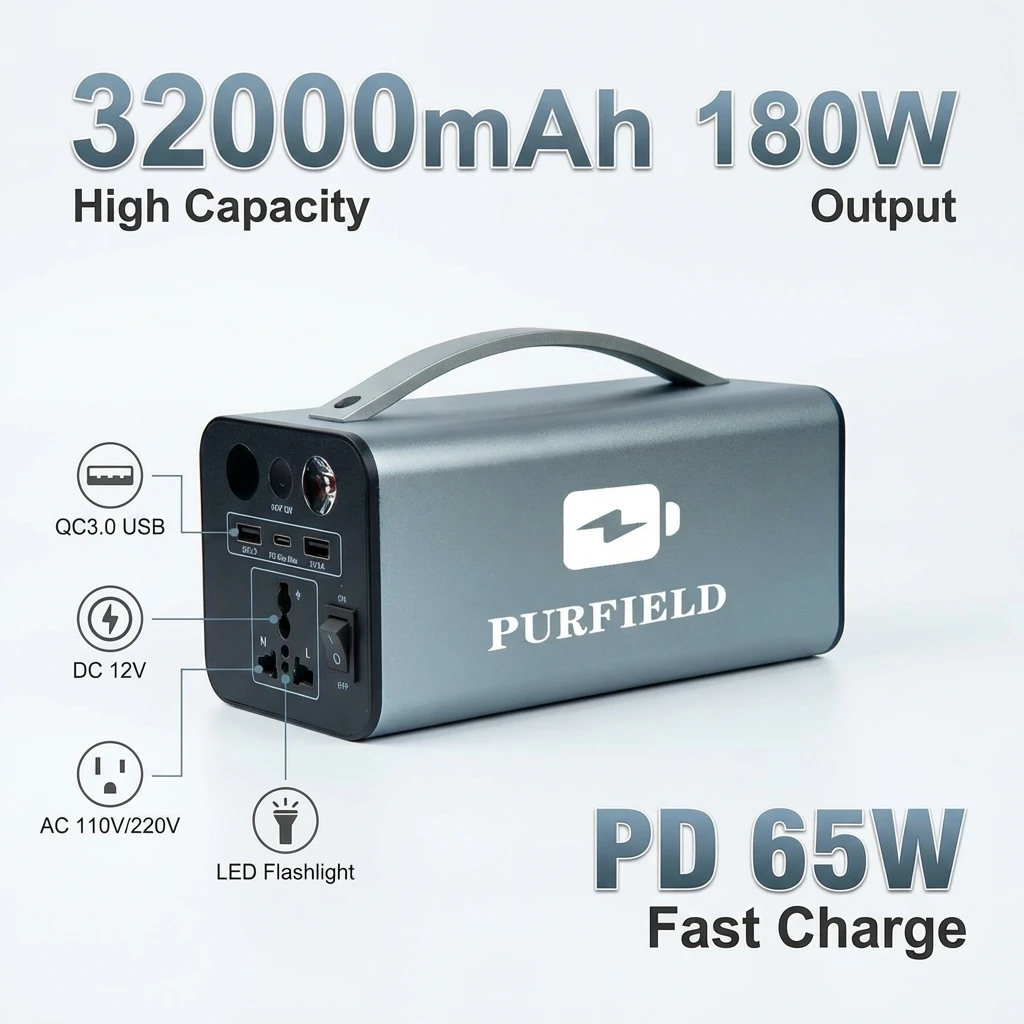 Station d'alimentation portable 180W, 32000mAh, 118,4Wh, charge rapide PD65W, générateur solaire 110/220V, batterie externe pour le camping et les voyages
