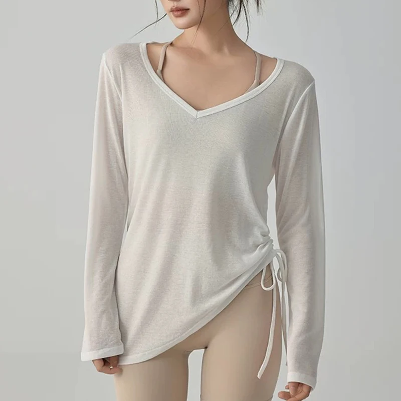 T-shirt de sport de yoga pour femmes, chemise de sport légère et fine avec cordon de serrage, ample, couvrant les hanches, fitness irrégulier, couverture à manches longues