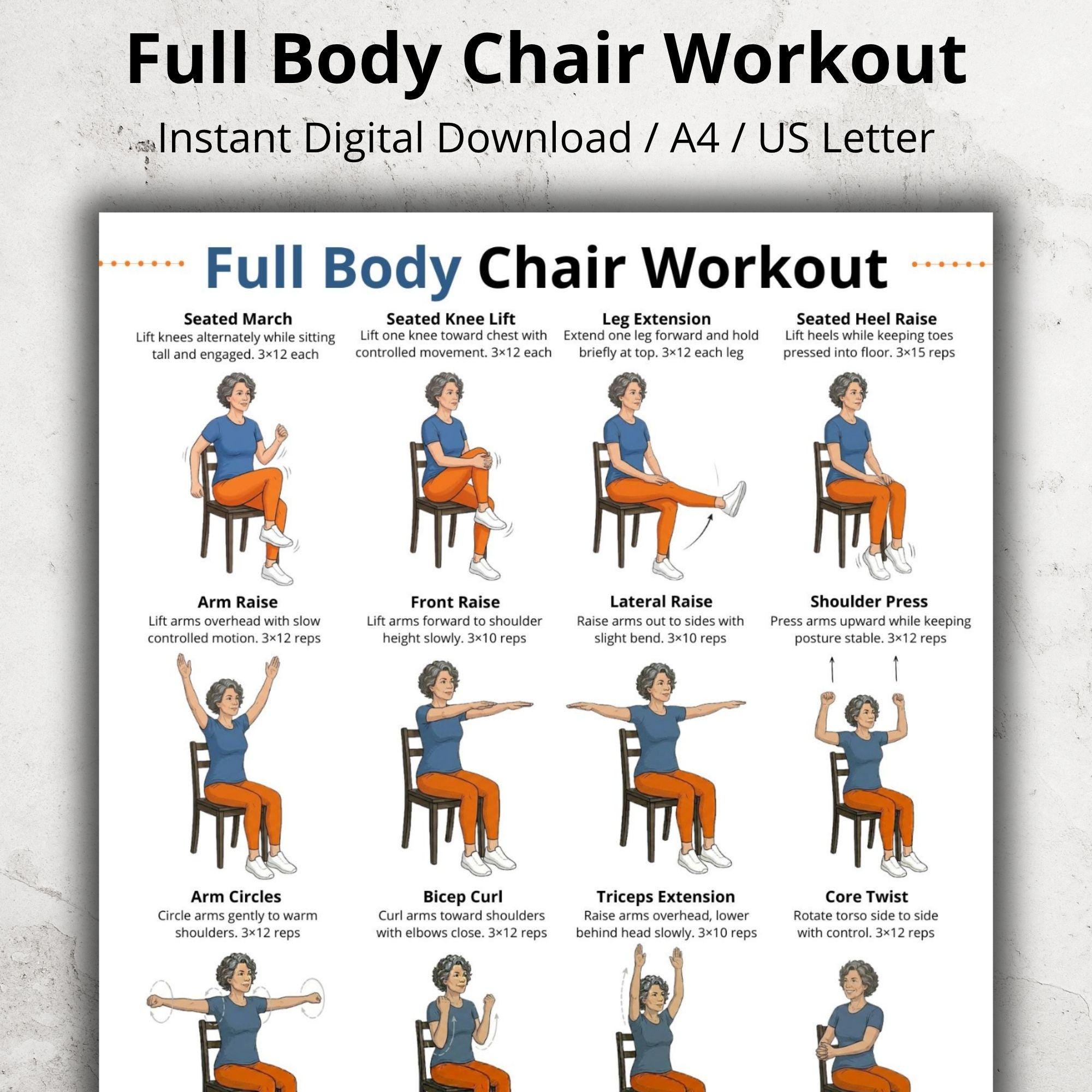 Esercizi per tutto il corpo da seduti per anziani (stampabili), tabella di allenamento da seduti, PDF di esercizi da fare a casa da seduti, poster con