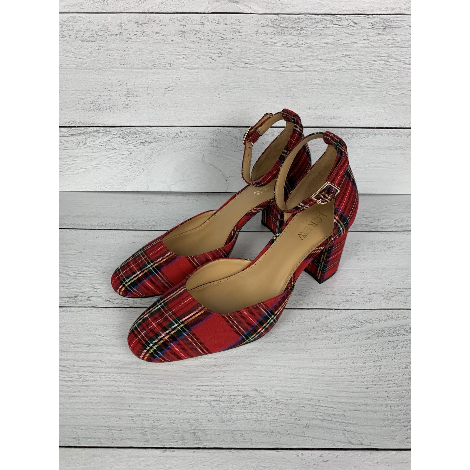 J. Crew Shoes | J. Crew Women's 7.5 Red Stewart Tartan Plaid Ankle Strap Block Heel Heels Shoes | Color: Red | Size: 7.5
