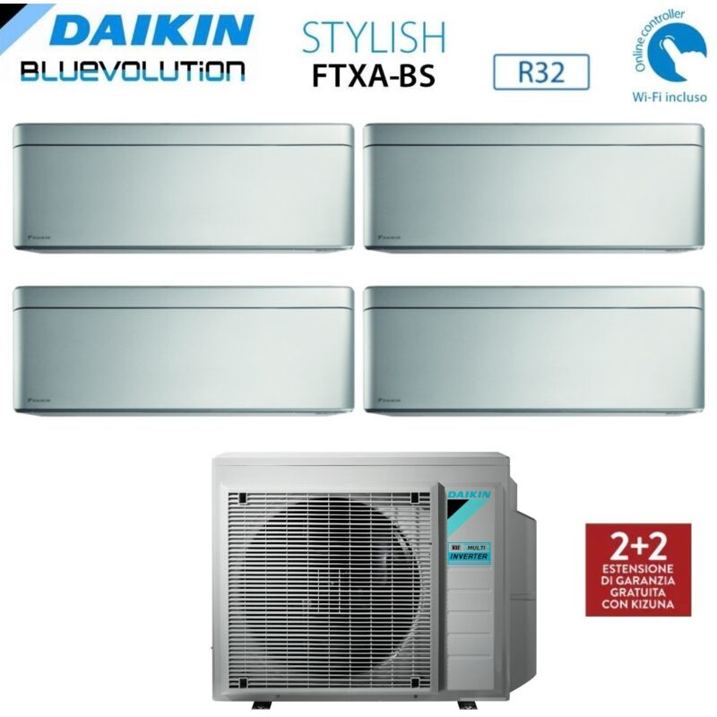 Daikin - Climatizzatore Condizionatore Bluevolution Quadri Split Inverter Serie Stylish Total Silver Ftxa-bs 9+9+12+12 Con 4mxm80n R-32 Wi-fi Integrato 9000+9000+12000+12000 Colore Grigio Garanzia Itali