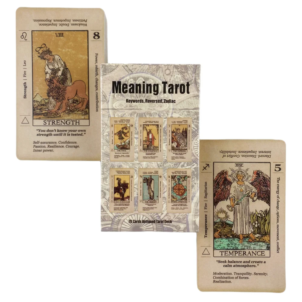 Bedeutung Tarot-Karte mit Bedeutung darauf Anfänger-Tarot-Schlüsselwort Antikes Tarot-Deck Lernen Sie Tarot 78-Karten