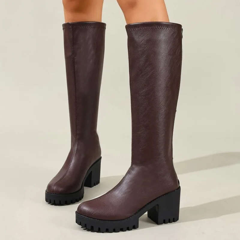 Winter Neue runde Zehen Sexy und bequeme Stiefel mit dickem Absatz Modische und elegante kniehohe Ritterstiefel für den Außenbereich in großer Größe