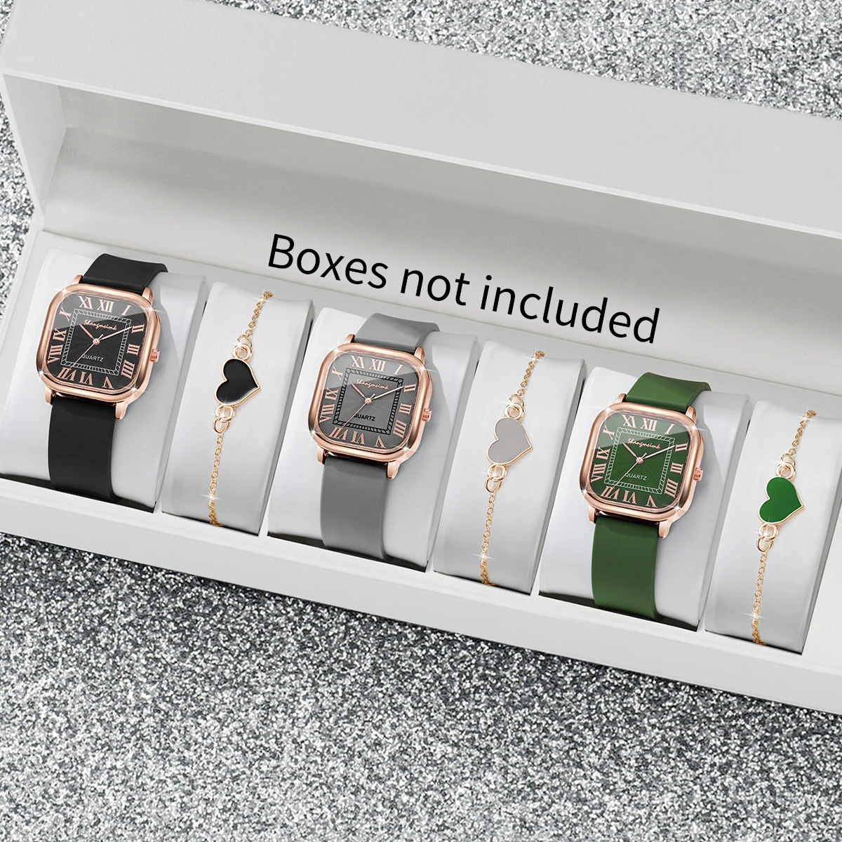 6-teiliges Set: Modische Damenuhren mit quadratischem Roma-Zifferblatt und Herzarmbändern, lässige Quarzuhr mit Silikonarmband, Reloj Mujer (ohne Box) Image