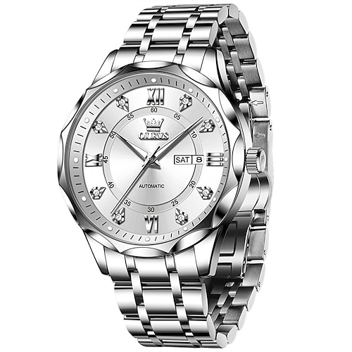 Olevs Automatikuhr für Herren, luxuriöse Business-Armbanduhr aus schwarzem Edelstahl mit automatischem Aufzug, Wochentags- und Datumsanzeige sowie Leuchtdiamanten, wasserdichte analoge Armbanduhr,