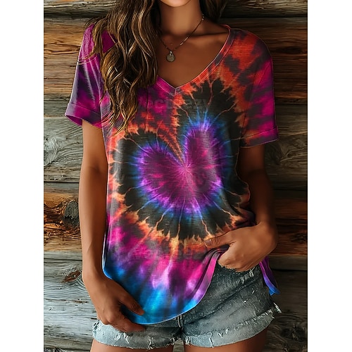 Damen T Shirt Druck Grafik Batik Abstrakt Stilvoll Klassisch Lässig Kurzarm V Ausschnitt Normale Oberteile Lässig Täglich Purpur Braun Grün Sommer Frühling Image