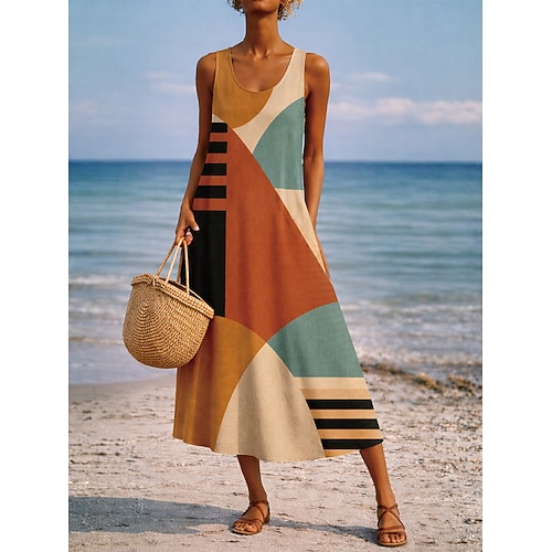 Damen Maxikleid A Linie Kleid Lässig Täglich Normale Passform Grafik Paisley-Muster Abstrakt Ärmellos U-Ausschnitt Orange Grün Khaki Sommer Frühling Image