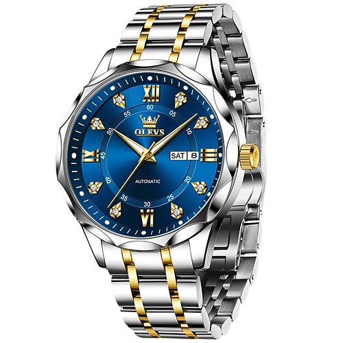 Olevs Automatikuhr für Herren, luxuriöse Business-Armbanduhr aus schwarzem Edelstahl mit automatischem Aufzug, Wochentags- und Datumsanzeige sowie Leuchtdiamanten, wasserdichte analoge Armbanduhr,