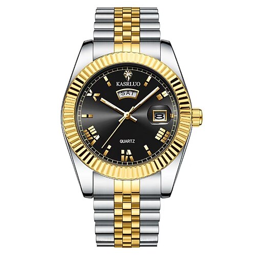 Herrenuhr mit blauem Zifferblatt, luxuriöse zweifarbige Business-Quarzuhr aus Edelstahl mit Wochentags- und Datumsanzeige, geriffelter Lünette, römischen Ziffern, analoge Anzeige, stilvolle Image