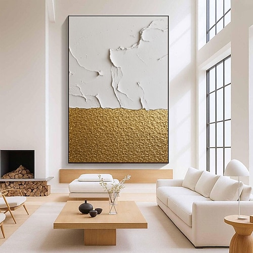 Handgemaltes, gold-weißes Strukturbild, abstraktes Ölgemälde, abstrakte Malerei auf Leinwand, Spachteltechnik, Wandbild, moderne Sofawandkunst Image