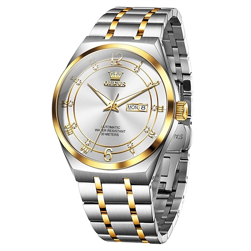 Herren-Automatikuhr – luxuriöse, zweifarbige Business-Armbanduhr aus goldfarbenem Edelstahl mit automatischem Aufzug, Wochentags- und Datumsanzeige, wasserdicht, mit Leuchtzeigern, analoge Armbanduhr,