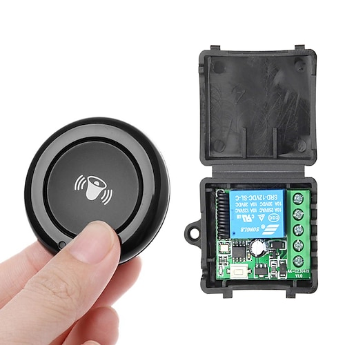 12-V-DC-Funkfernbedienungsschalter, 433-MHz-RF-Relais-Empfängermodul mit Klingelknopf-Sender, 1-Kanal-10-A-Funkschalter für DIY-Hausautomation, Türklingel, Alarmanlage, schwarz Image