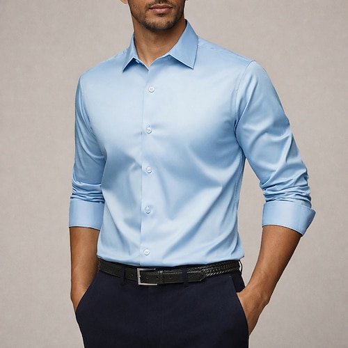 Herren Hemd Satinhemd Kleidhemd Knopfhemd Einfach Hochzeit Formell Hellblau Schwarz Weiß Grün Langarm Revers Ganzjahres Bekleidung Rein Image