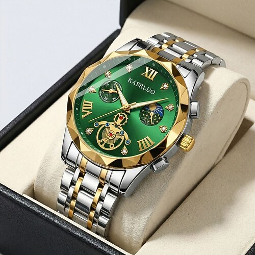 Herrenuhr – Leuchtende Skelett-Armbanduhr mit Mondphasenanzeige, luxuriöse Business-Armbanduhr, zweifarbiges, wasserdichtes Edelstahlgehäuse, analoge Uhr mit hochwertiger Geschenkbox, klassisches Image