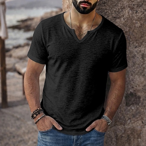 Herren T Shirt Kurzarmshirt T-Shirt Leinen-T-Shirt Kurzarm V Ausschnitt Sommer Frühling Einfarbig Einfach Grubenstreifen Streetwear Stilvoll Lässig Rein Lässig Täglich Outdoor Schwarz Weiß Purpur Top Image