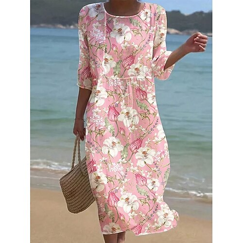 Damen Midikleid Shiftkleid Urlaub Lässig Strand Strand Normale Passform Blumen Grafik Dreiviertelarm Rundhalsausschnitt Weiß Gelb Rosa Beige Sommer Frühling Image