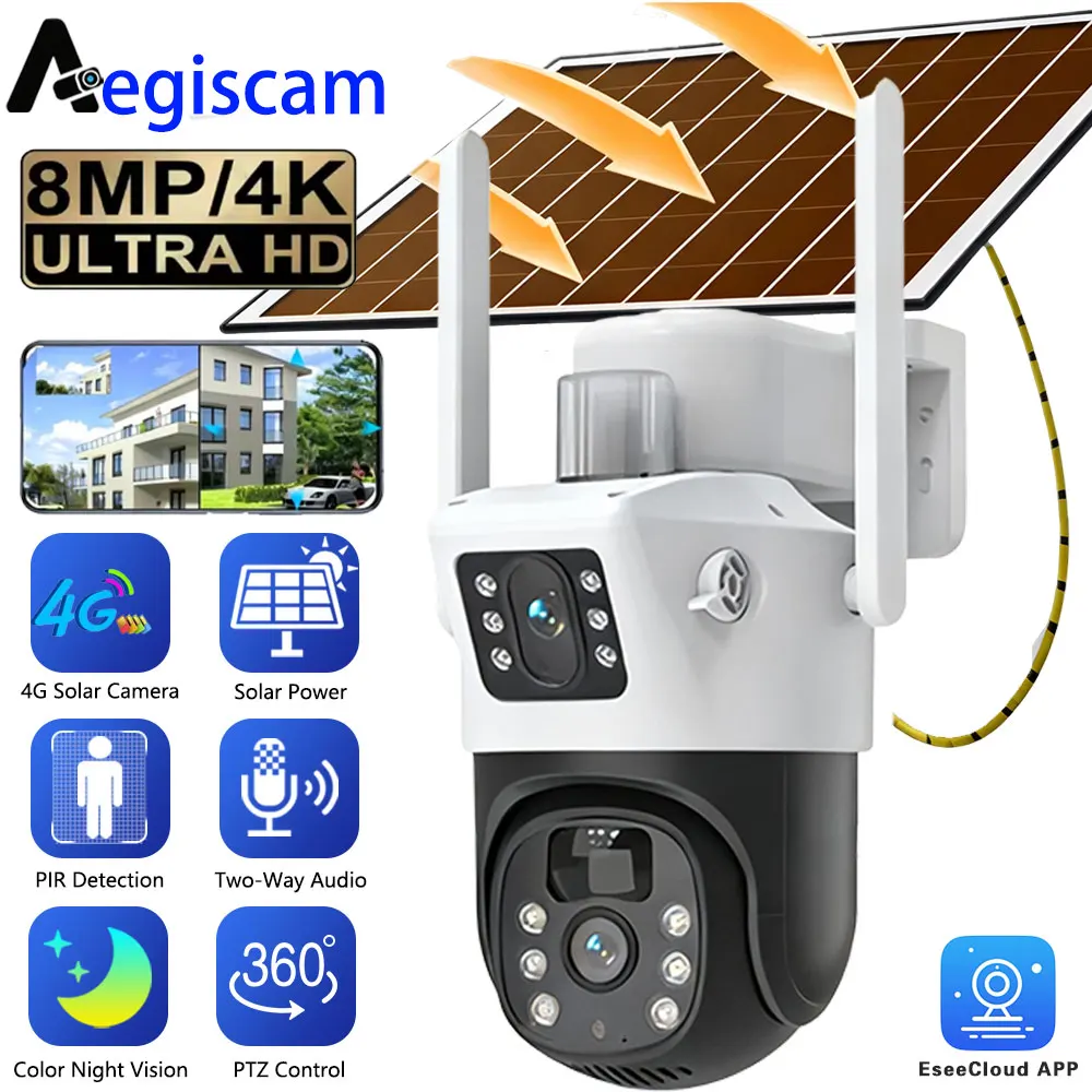 Telecamera Solare 4G da Esterno 8MP 4K con Pannello Solare, Doppia Lente PTZ, Telecamera IP di Sicurezza CCTV con App EseeCloud