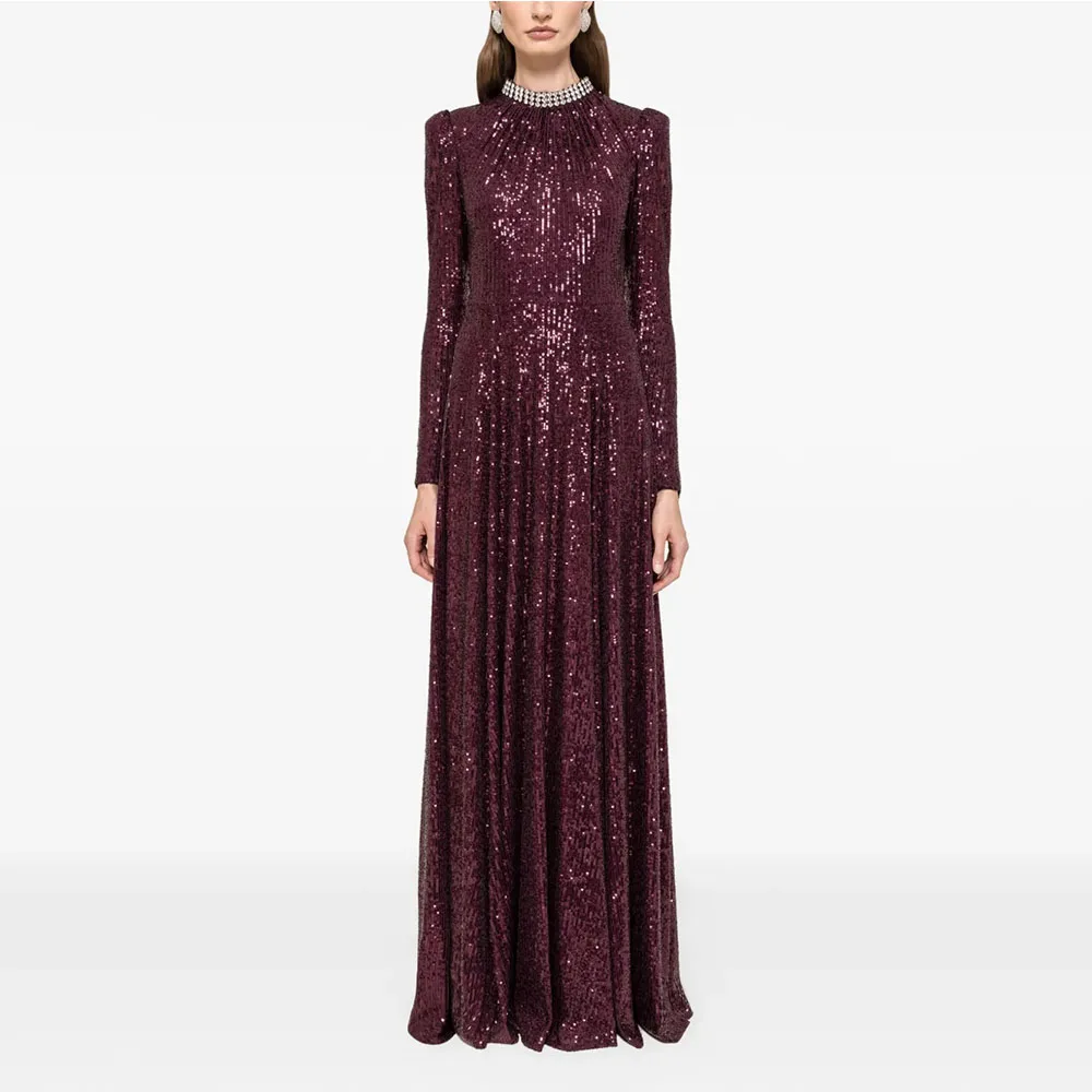 Modern Women's Evening Gown Sheath Floor Length Formal Party Dress O Neck Beading Saudi Dress Long Sleeves Prom Dress